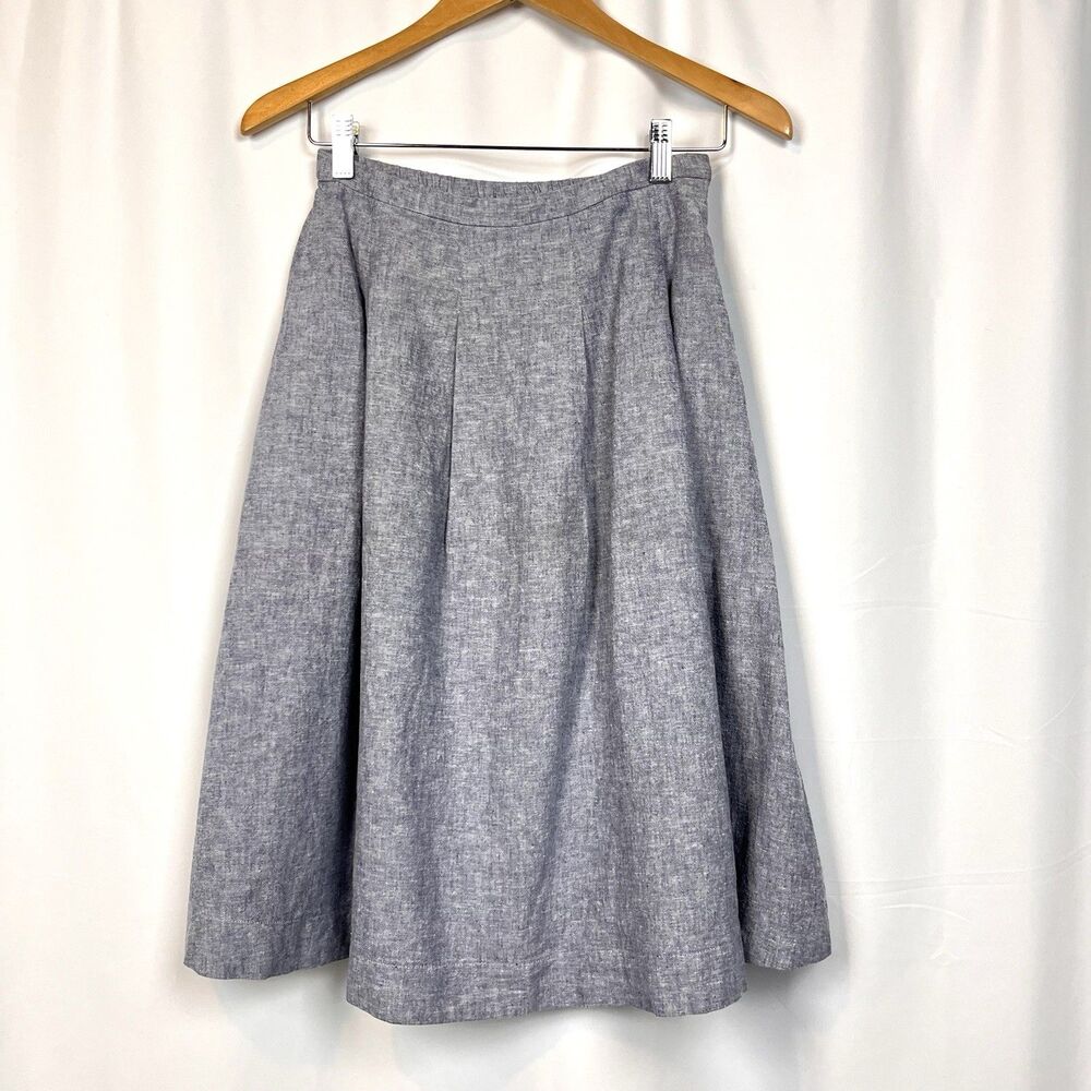 Uniqlo Linen Cotton Gray Chambray Midi Flare Skirt Women’s Size S 26-27
